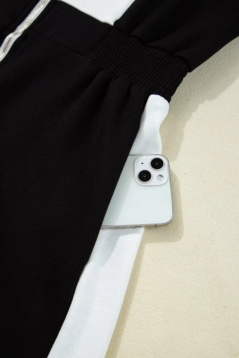 Black Contrast Collar Patchwork Zip Front Romper for Women - Love Salve